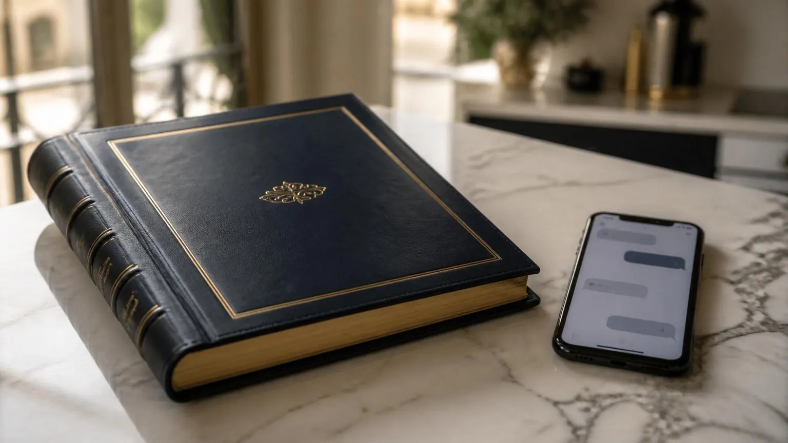 Leather-bound welcome book next to a smartphone with a chat interface on a marble counter — physical guide vs AI concierge