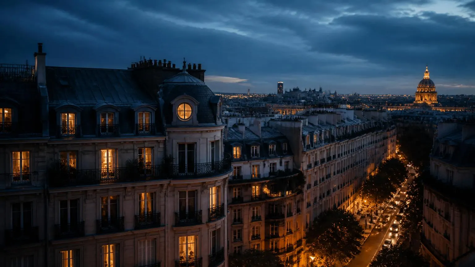 European city rooftop skyline at blue hour with warm apartment windows glowing — visual for short-term rental trends 2026