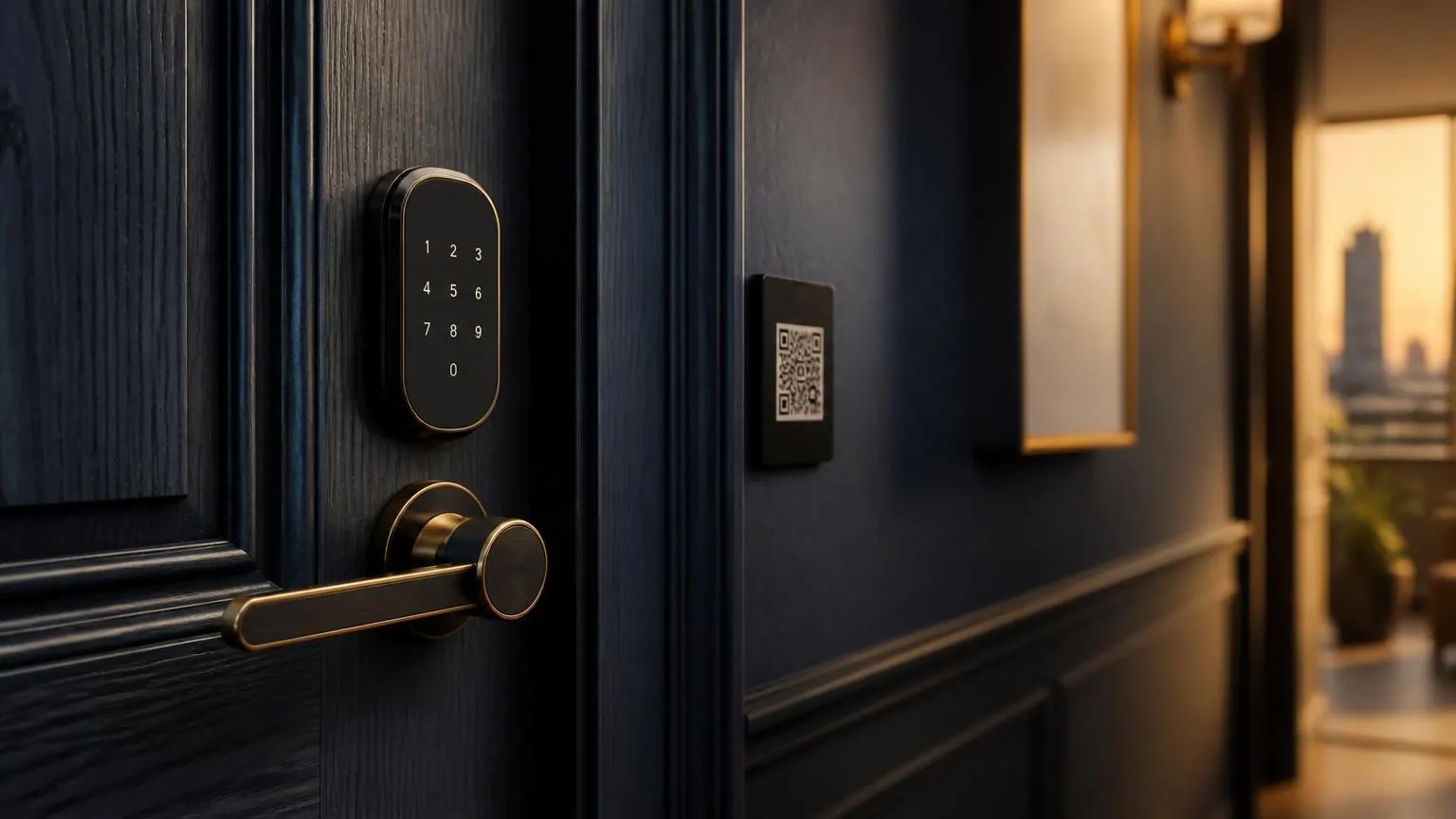 Sleek smart lock and keypad on a dark apartment door beside a QR code, illustrating automated Airbnb self check-in