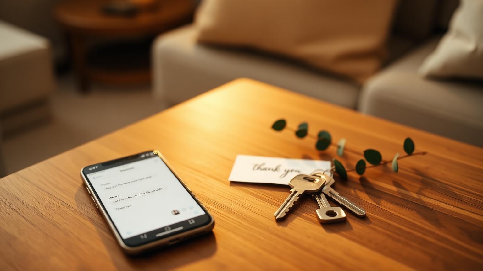 Smartphone showing a short guest message thread on a warm walnut table beside brass keys, a handwritten thank-you card and eucalyptus in a short-term rental living room